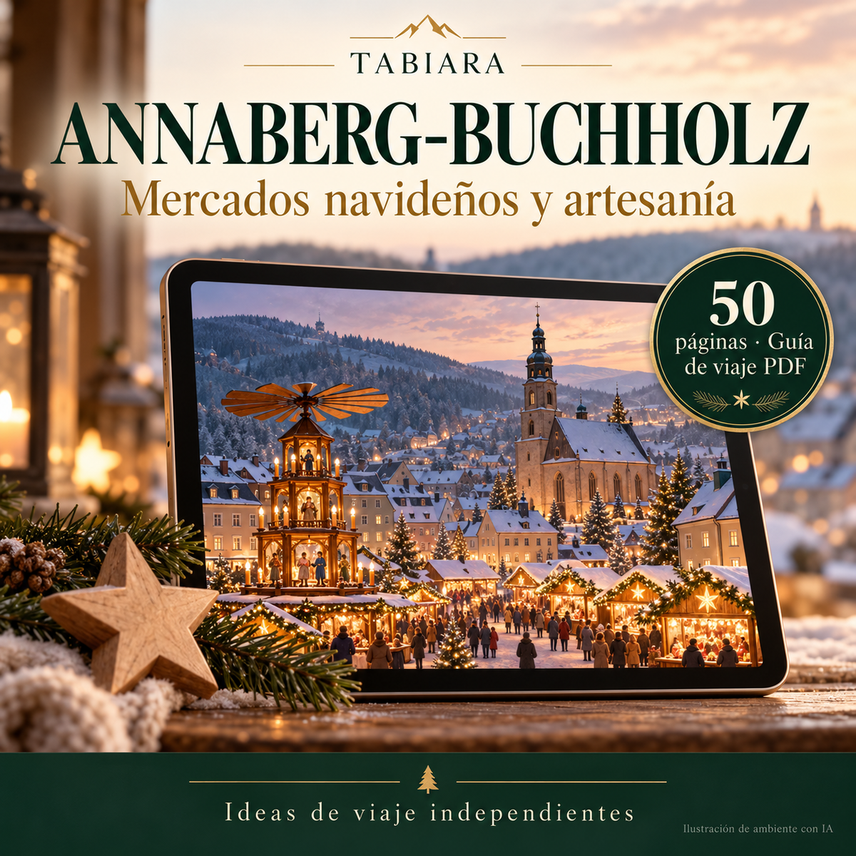 Portada de la guía PDF sobre los mercados navideños de Annaberg-Buchholz 2026, con la ciudad minera iluminada en Adviento (ilustración)