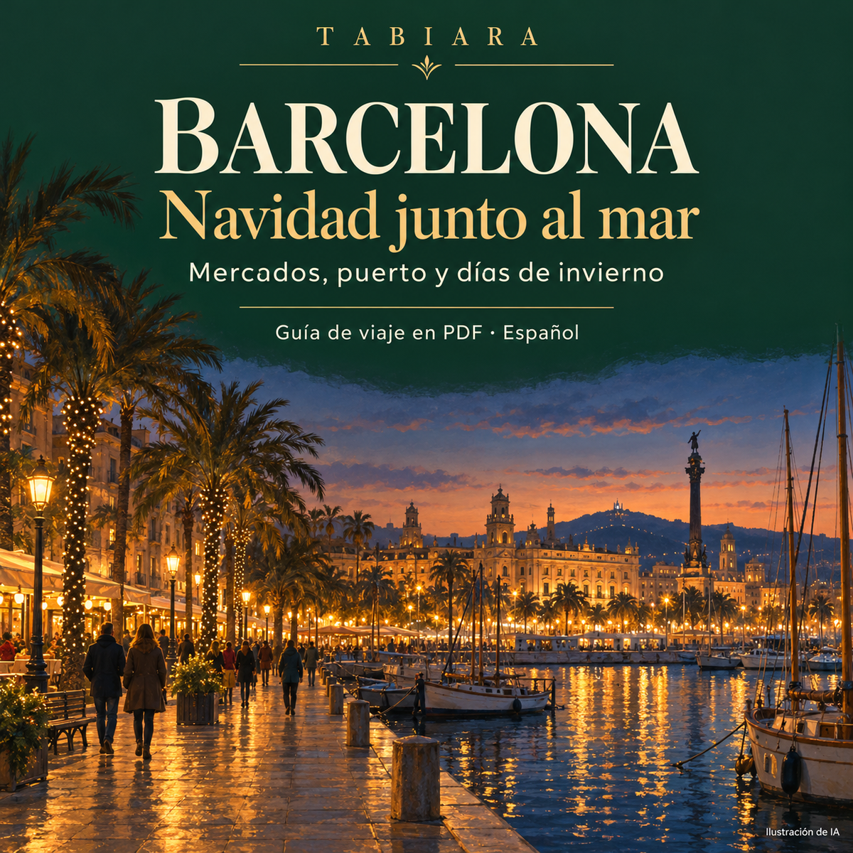 Ilustración del puerto de Barcelona en Navidad con puestos iluminados junto al mar, portada de la guía de mercados navideños (ilustración)