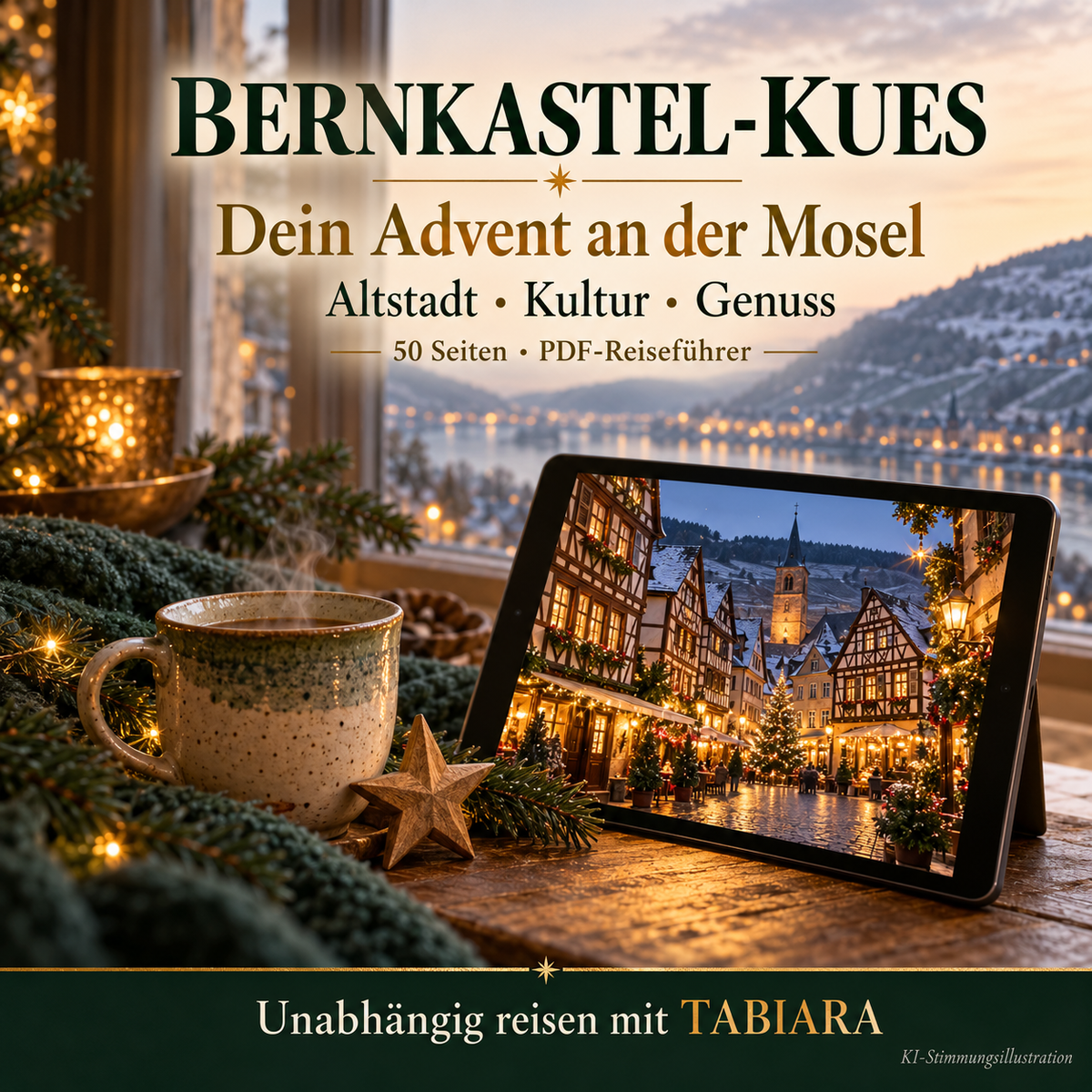 Einblick in die Innenseiten des Bernkastel-Kues Weihnachtsmarkt-Reiseführers mit Terminen und Tipps (Illustration)