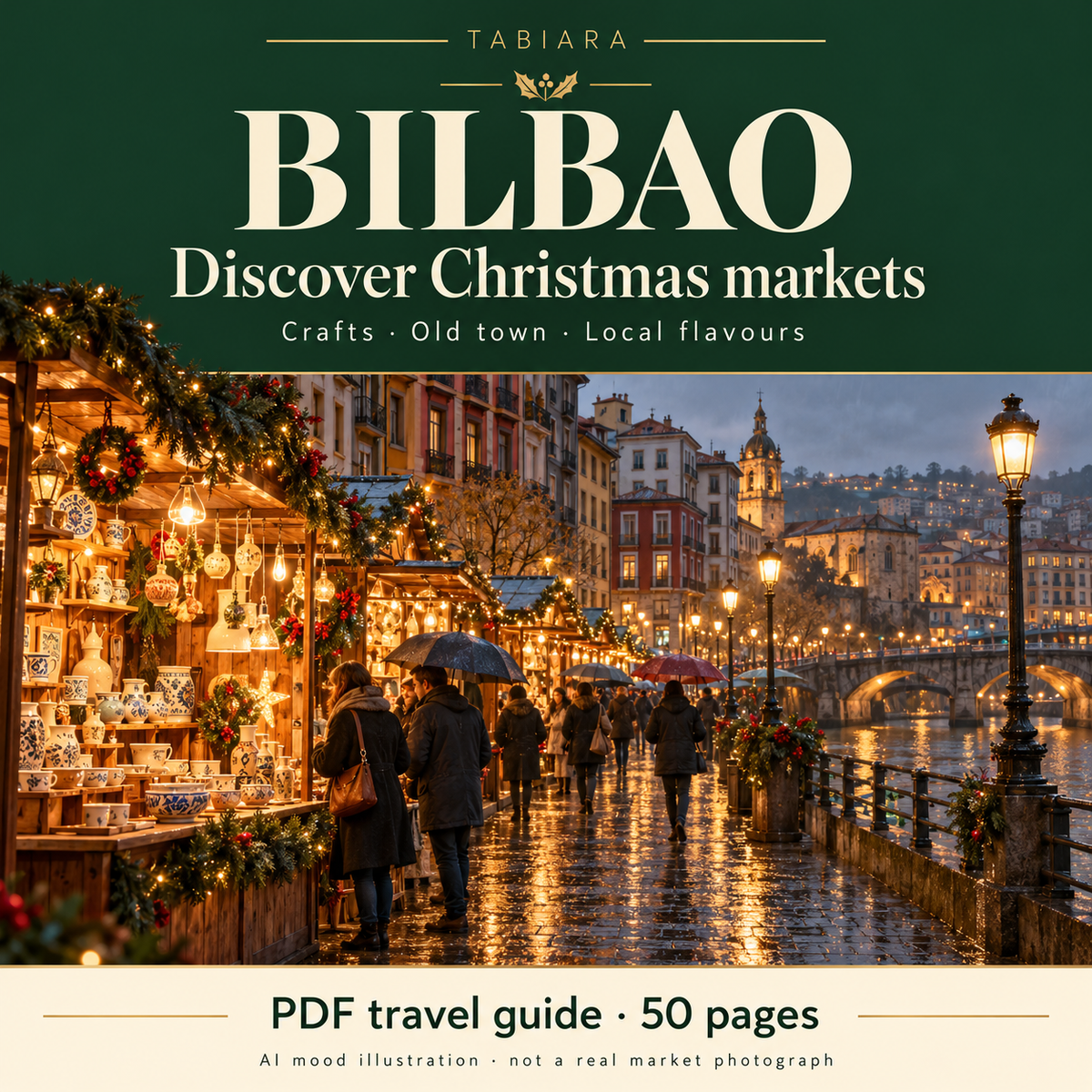 Cover of the Tabiara PDF travel guide to the Christmas markets in Bilbao 2026 (illustration)