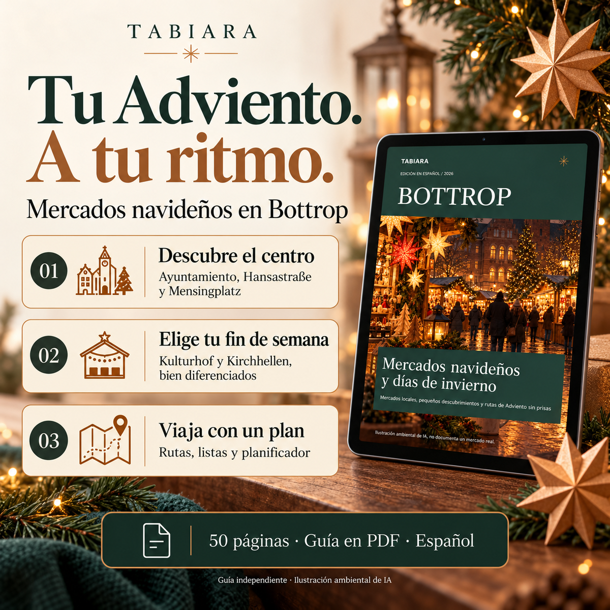 Páginas de rutas y planificación del viaje a los mercados navideños de Bottrop (ilustración)