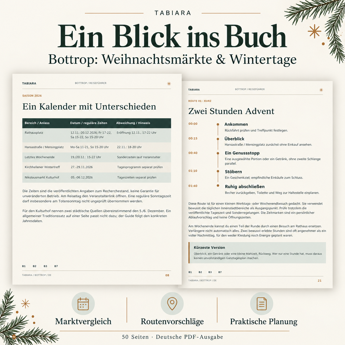 Innenseiten des Bottrop-Reiseführers mit Terminkalender und Marktprofilen (Illustration)