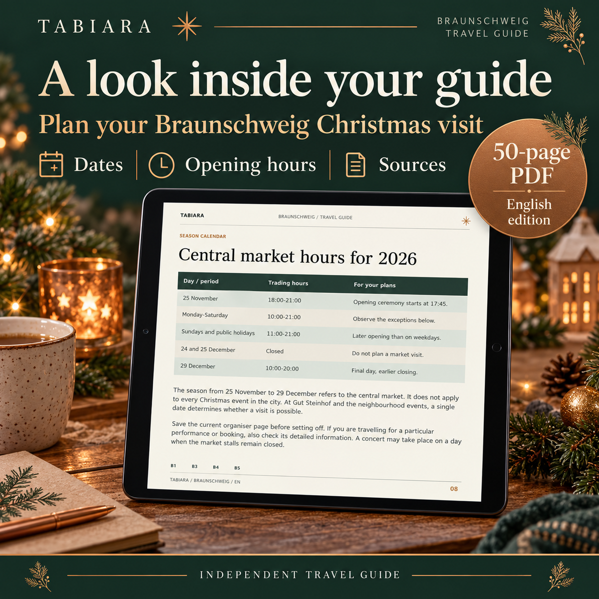 Inside pages of the Braunschweig Christmas market guide with the weather plan and museum hours (illustration)