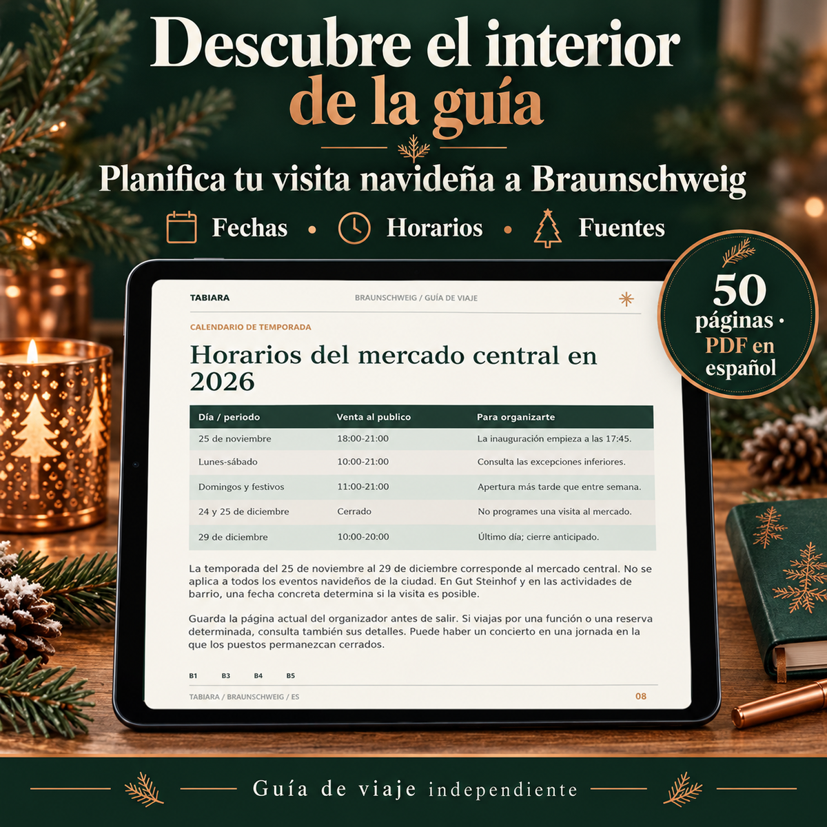 Páginas interiores de la guía de Braunschweig con horarios del mercado, balsas del foso y rutas (ilustración)