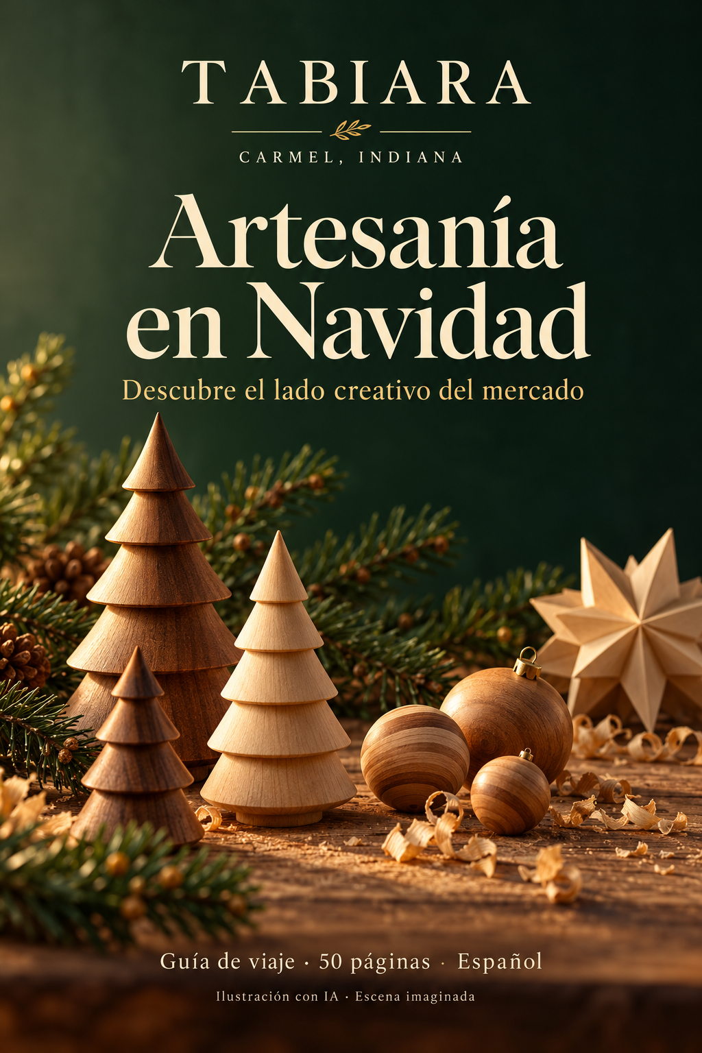 Artesanía navideña de madera y vidrio en un puesto de mercado de invierno en Carmel (ilustración)