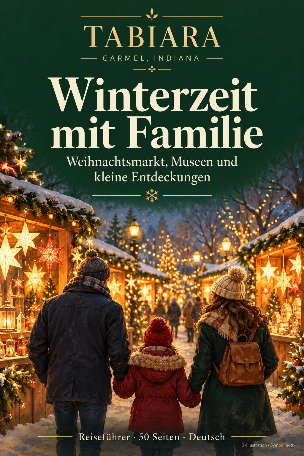 Familie mit Kindern beim Bummel über den Christkindlmarkt in Carmel, Indiana, am Abend (Illustration)