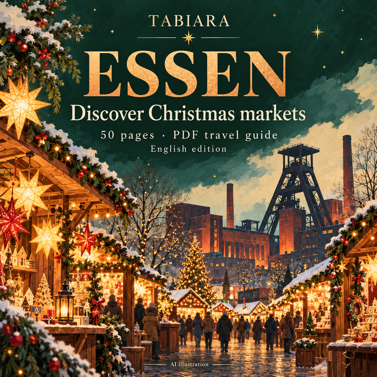 Cover of the Essen Christmas Markets 2026 PDF travel guide with market stalls and winter lights (illustration)