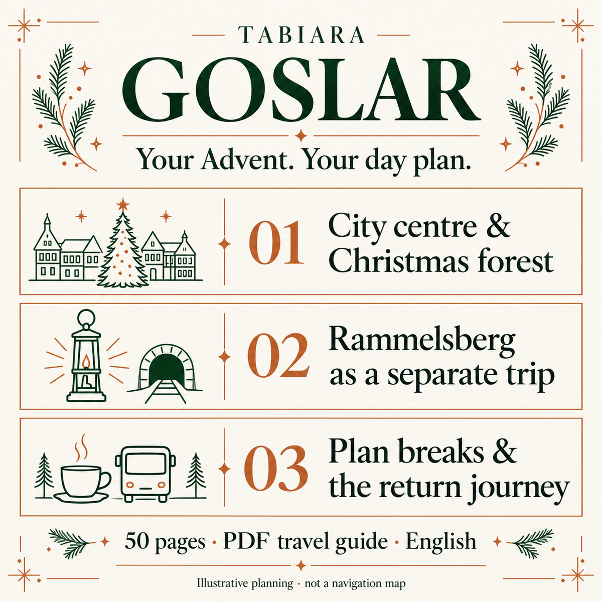 Route planning pages for Goslar's old town and Rammelsberg in Advent (illustration)
