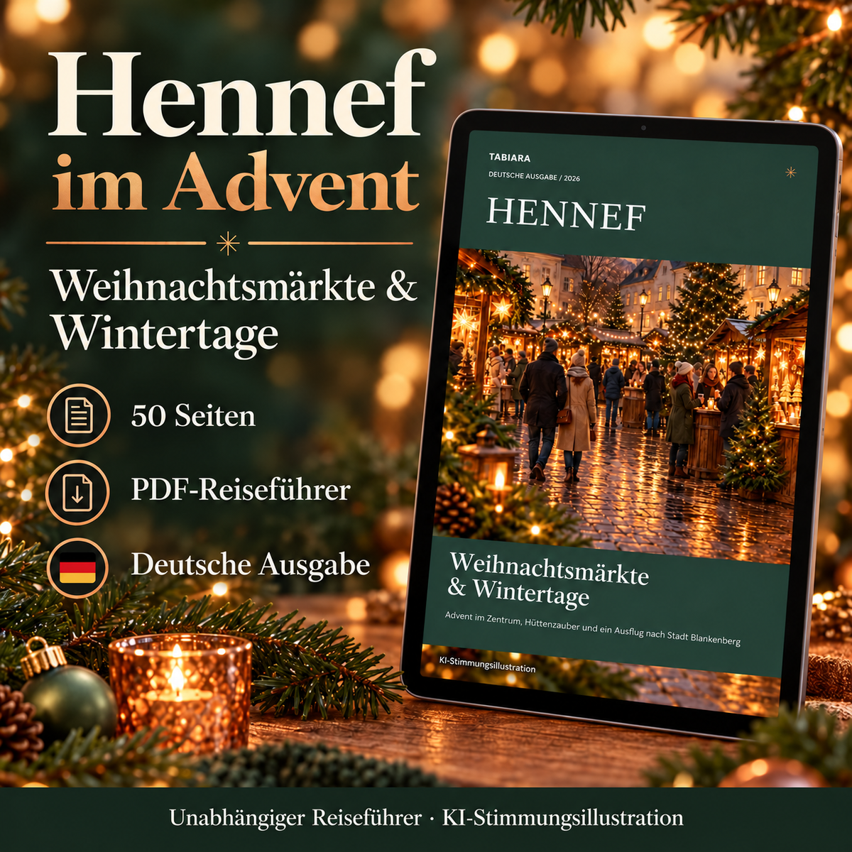Cover des PDF-Reiseführers zu den Hennefer Weihnachtsmärkten 2026 mit winterlicher Stimmung (Illustration)