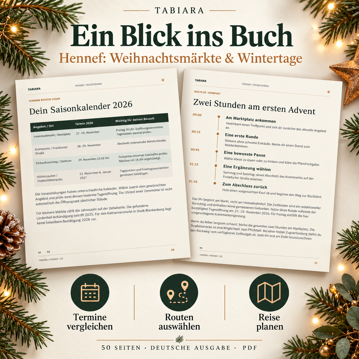 Aufgeschlagene Innenseiten des Hennef-Advent-Guides mit Kalender, Märktevergleich und Hinweisen (Illustration)