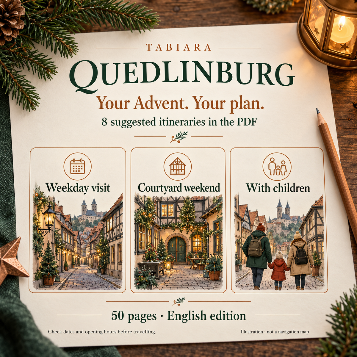 Route planning pages of the Quedlinburg Christmas market guide with day plans and time blocks (illustration)