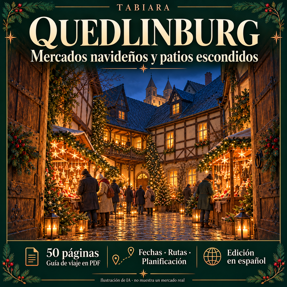 Portada de la guía PDF de los mercados navideños de Quedlinburg 2026 con casas de entramado iluminadas (ilustración)