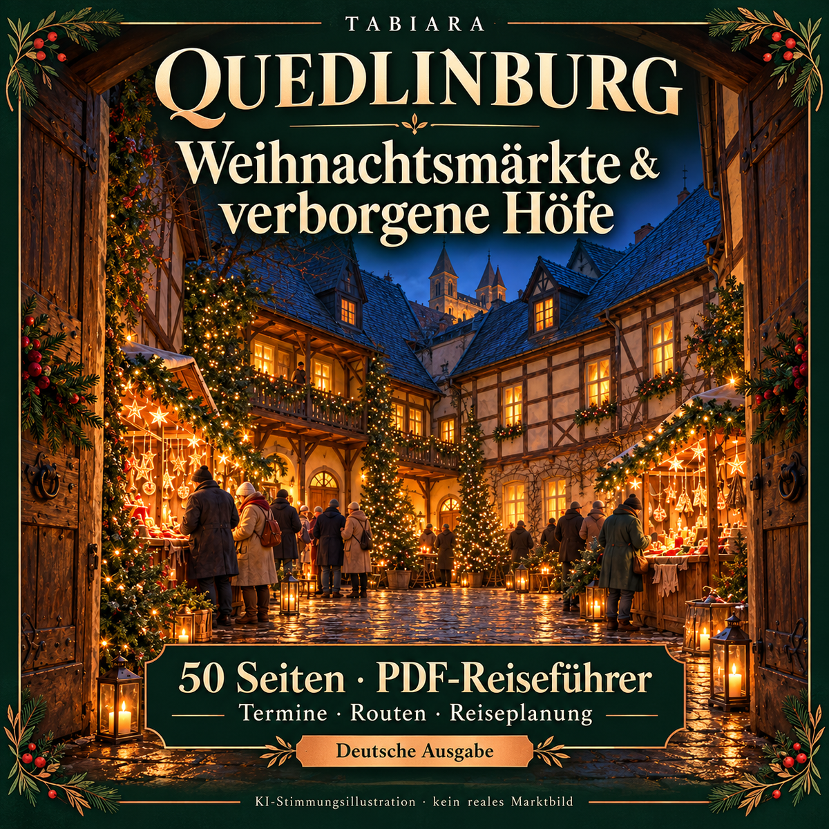 Titelseite des PDF-Guides Quedlinburg Weihnachtsmärkte 2026 mit Fachwerkfassaden im Adventslicht (Illustration)