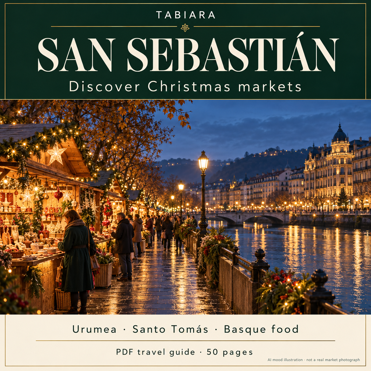 Cover of the San Sebastián Christmas markets travel guide with a winter scene by the Urumea river (illustration)