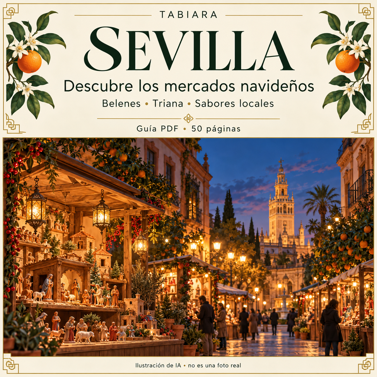 Portada de la guía Tabiara de los mercados navideños de Sevilla 2026 en formato PDF (ilustración)