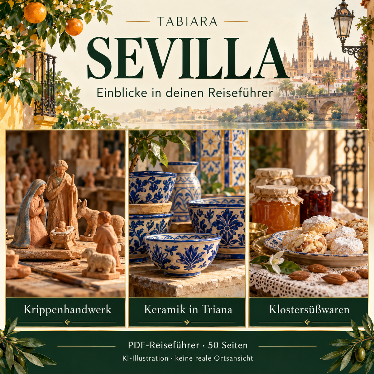 Einblick in die Seiten des Sevilla-Reiseführers mit Saisonkalender, Marktvergleich und Planungsseiten (Illustration)