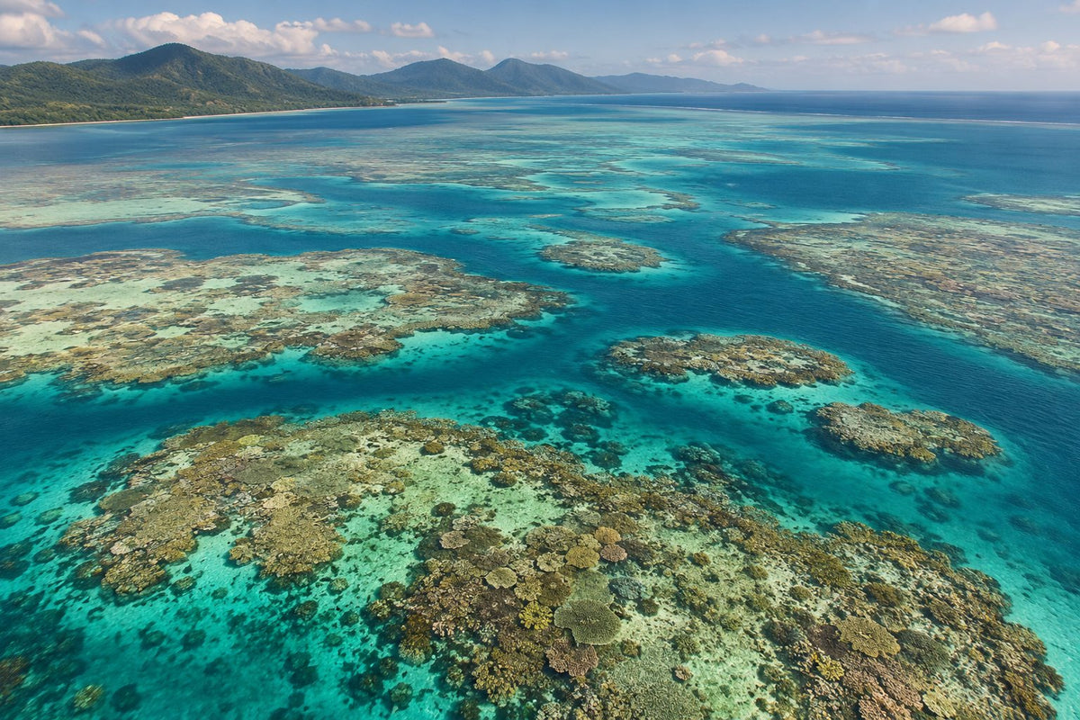 Great Barrier Reef from above near Cairns (illustration)