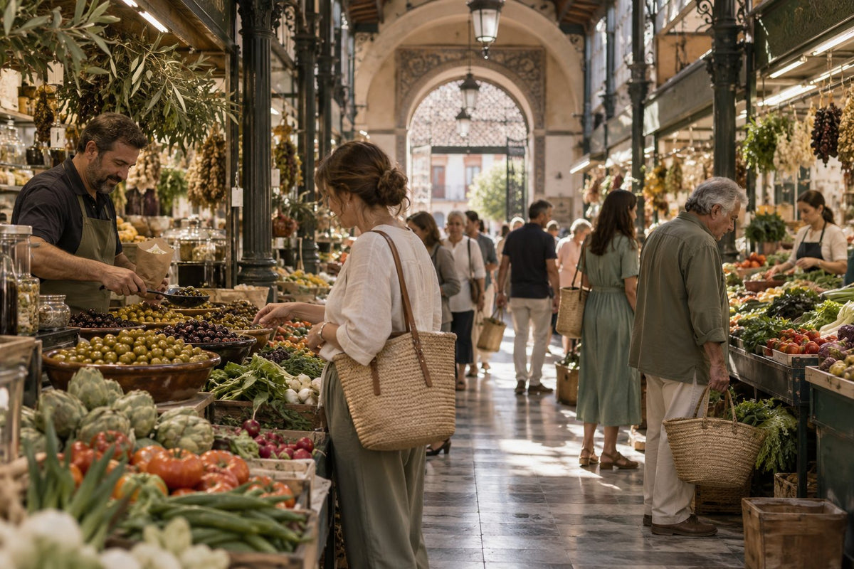 Puestos de un mercado de abastos en Granada (ilustración)