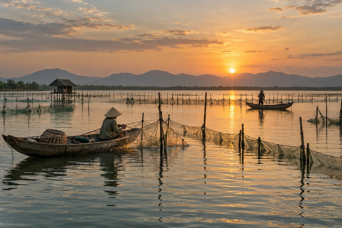 Fishing boats on Tam Giang Lagoon at sunrise (illustration)