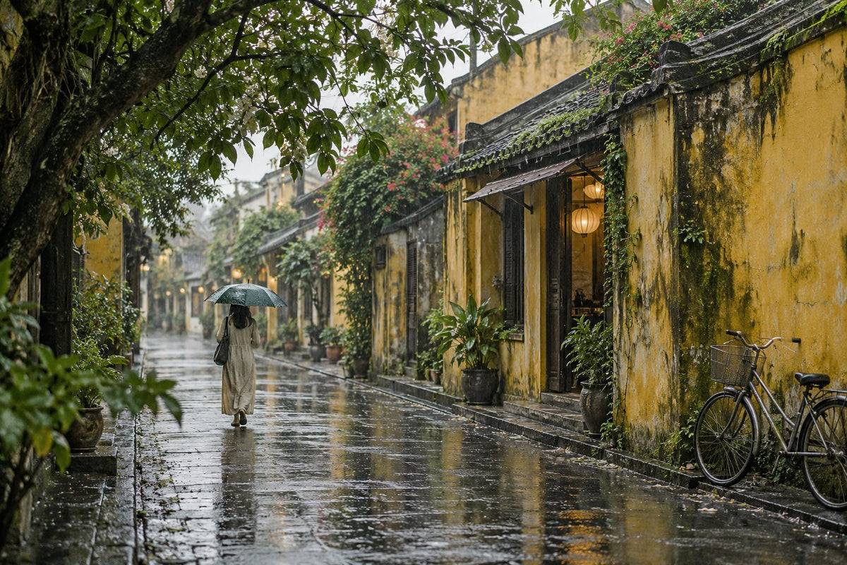 Rainy street with yellow walls in Huế (illustration)