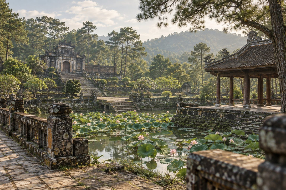 Lotus pond and pavilion at a royal tomb in Huế (illustration)