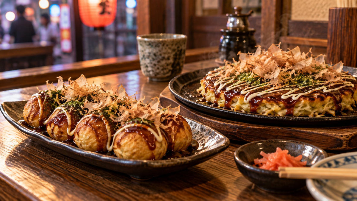 Takoyaki and okonomiyaki on a table in Osaka (illustration)