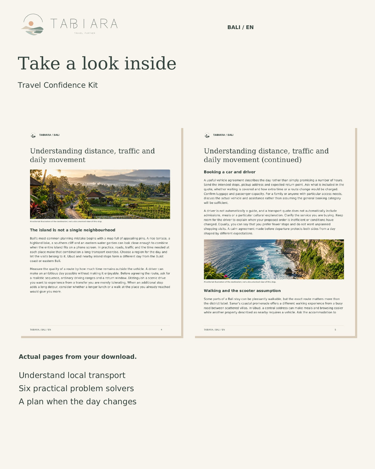 Innenansicht: Tabiara Travel Confidence Kit Bali, Seiten zu Nahverkehr und Problemlösern
