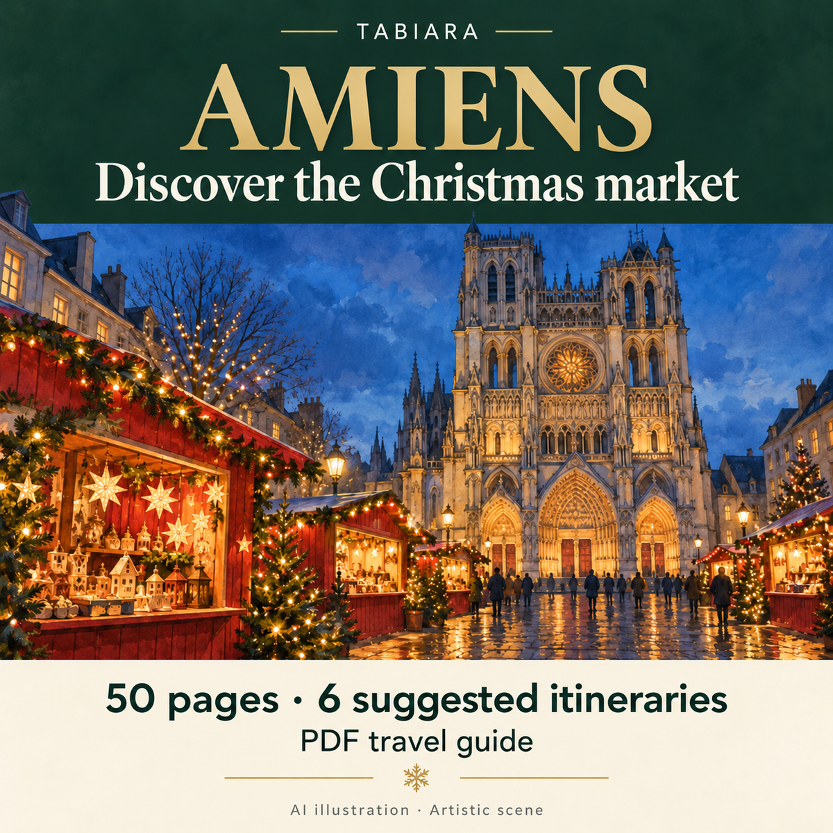Cover of the Amiens Christmas markets 2026 PDF travel guide with red chalets and the cathedral (illustration)