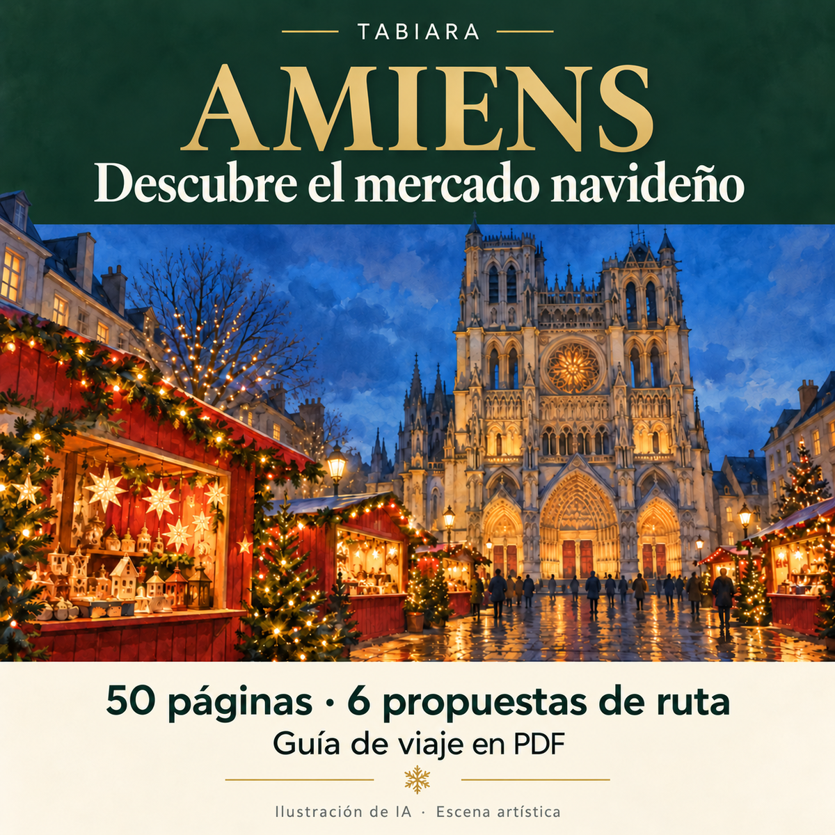 Portada de la guía en PDF de los mercados navideños de Amiens 2026 con casetas rojas y la catedral (ilustración)