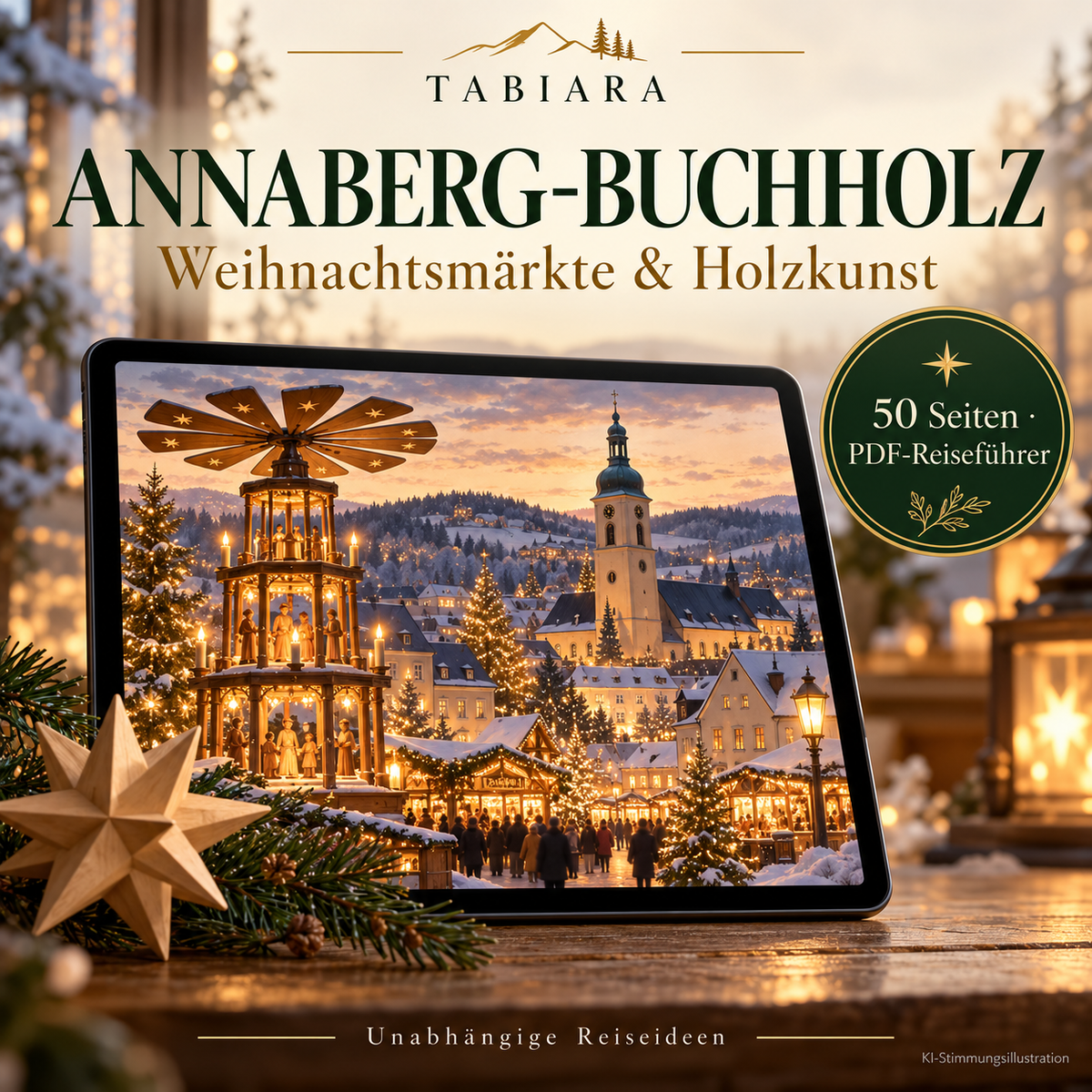 Titelseite des Tabiara-Reiseführers zu den Weihnachtsmärkten in Annaberg-Buchholz mit winterlicher Bergstadt im Lichterglanz (Illustration)