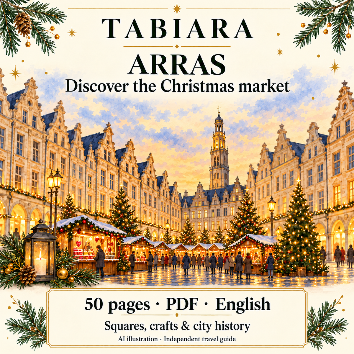Cover of the Arras Christmas market PDF travel guide with gabled façades and festive lights (illustration)