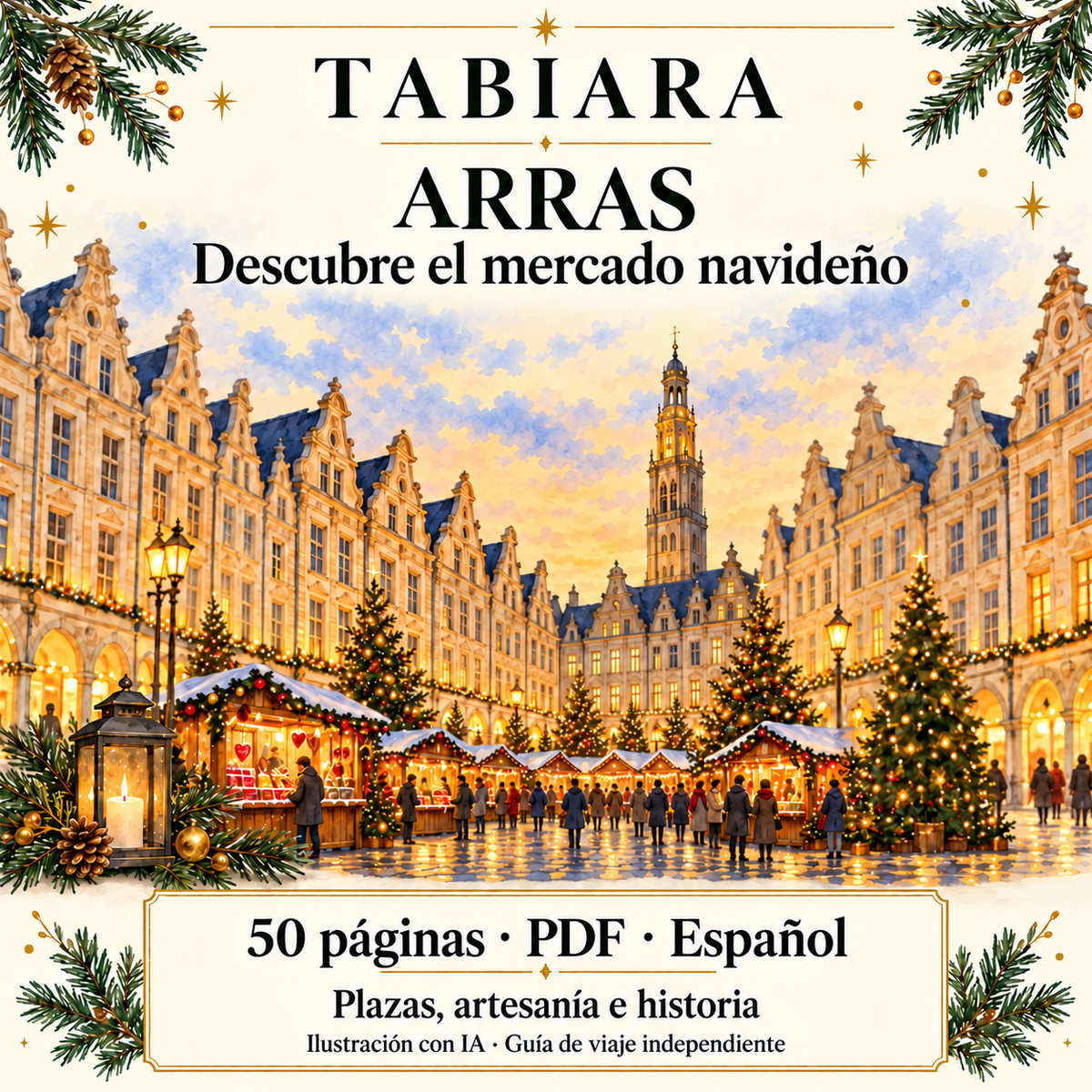 Portada de la guía en PDF sobre el mercado navideño de Arras con fachadas iluminadas en Adviento (ilustración)