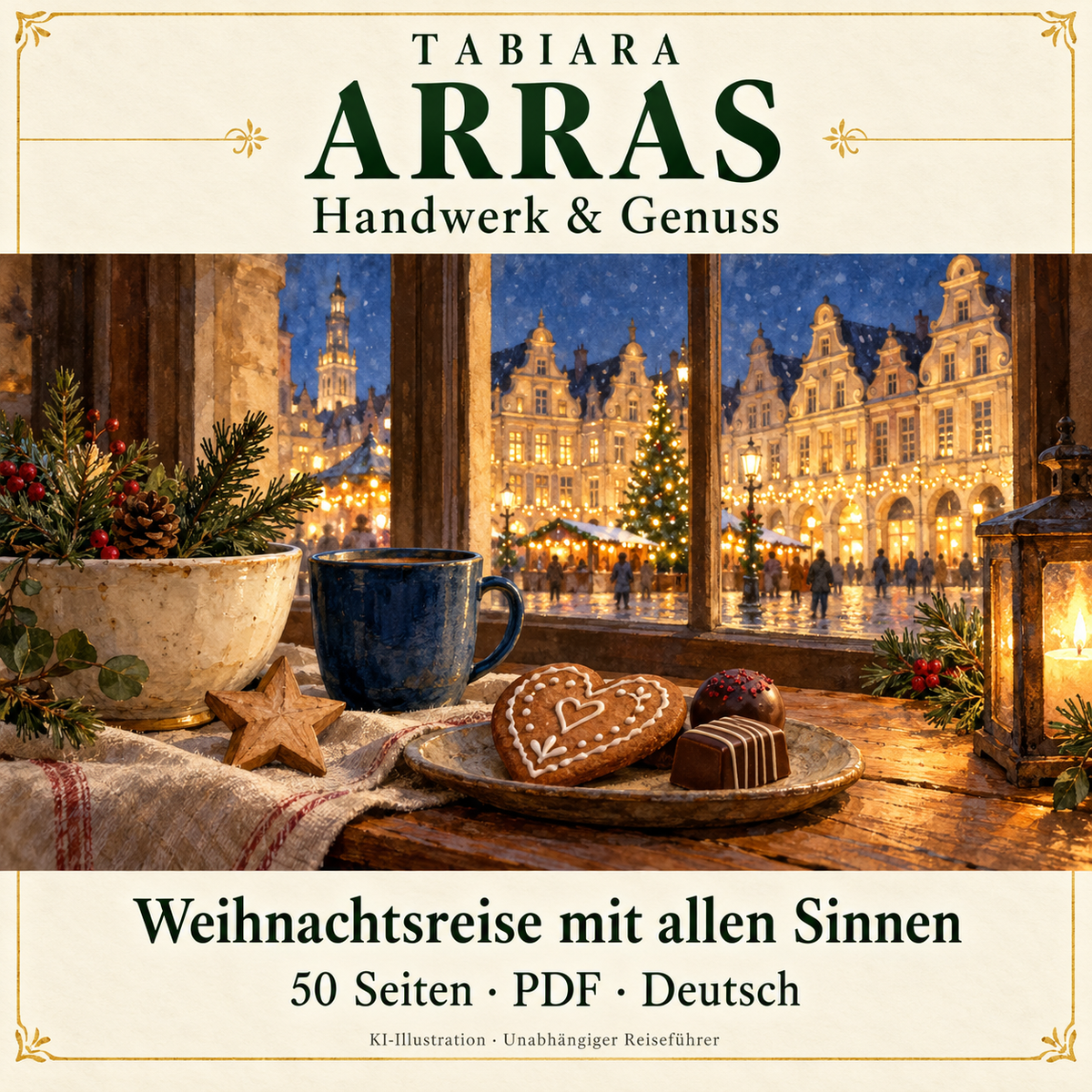 Weihnachtsmarkt in Arras mit Handwerk und regionalem Genuss an den Ständen (Illustration)