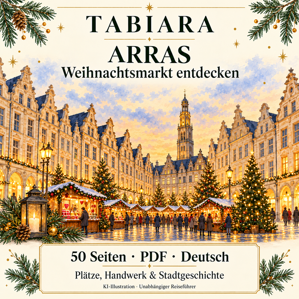 Titelseite des PDF-Reiseführers zum Weihnachtsmarkt in Arras mit Giebelhäusern und Lichtern (Illustration)