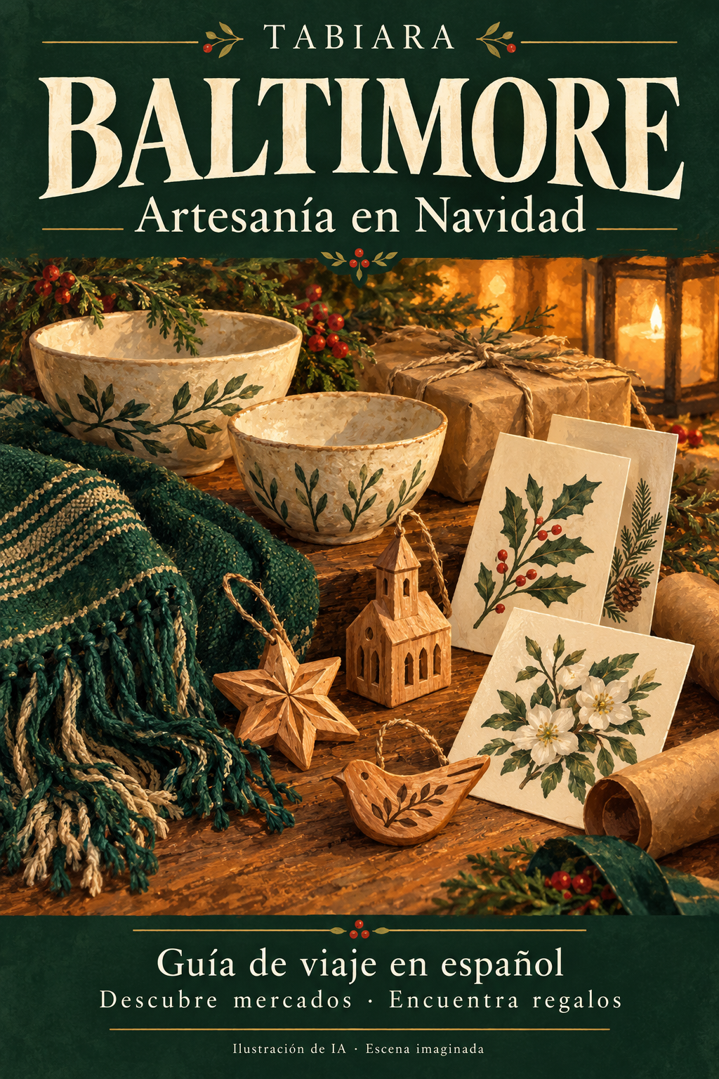 Puesto de artesanía con cerámica, papel y textiles para regalar en un mercado navideño de Baltimore (ilustración)