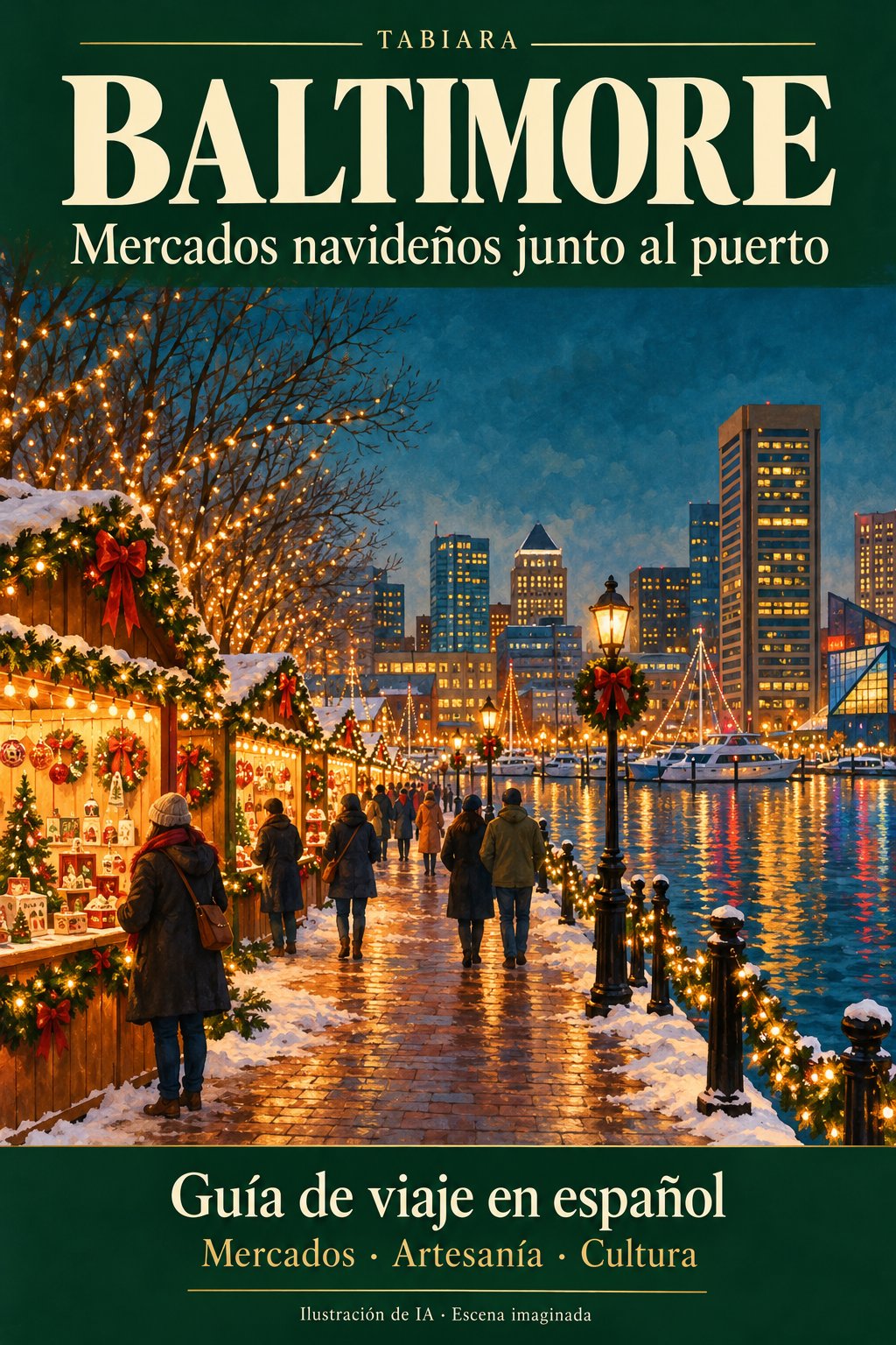 Portada de la guía: mercado navideño junto al puerto de Baltimore con luces sobre el agua al anochecer (ilustración)