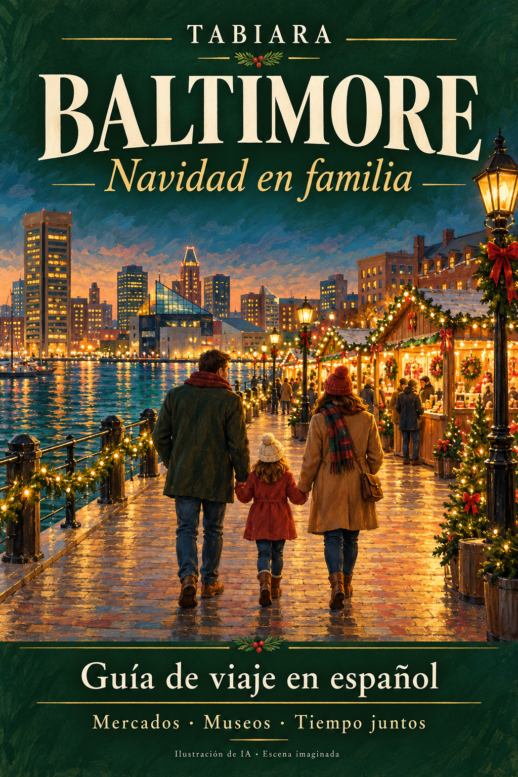 Familia paseando entre puestos navideños iluminados durante un viaje a Baltimore en invierno (ilustración)