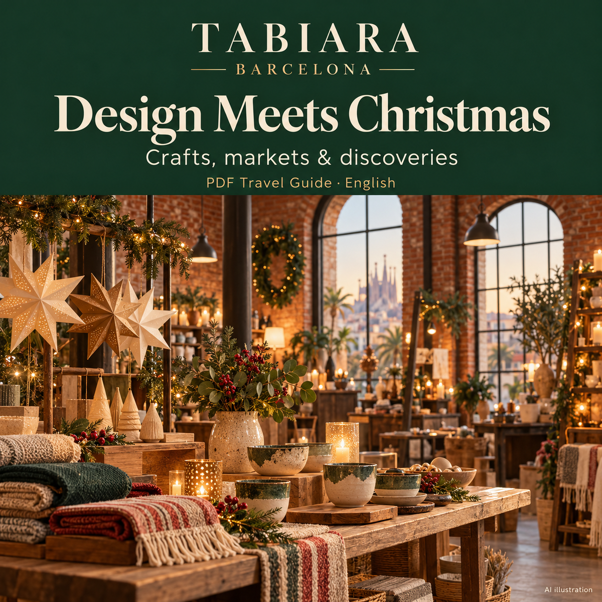 Handmade ceramics and design gifts on a Christmas market stall in Barcelona (illustration)