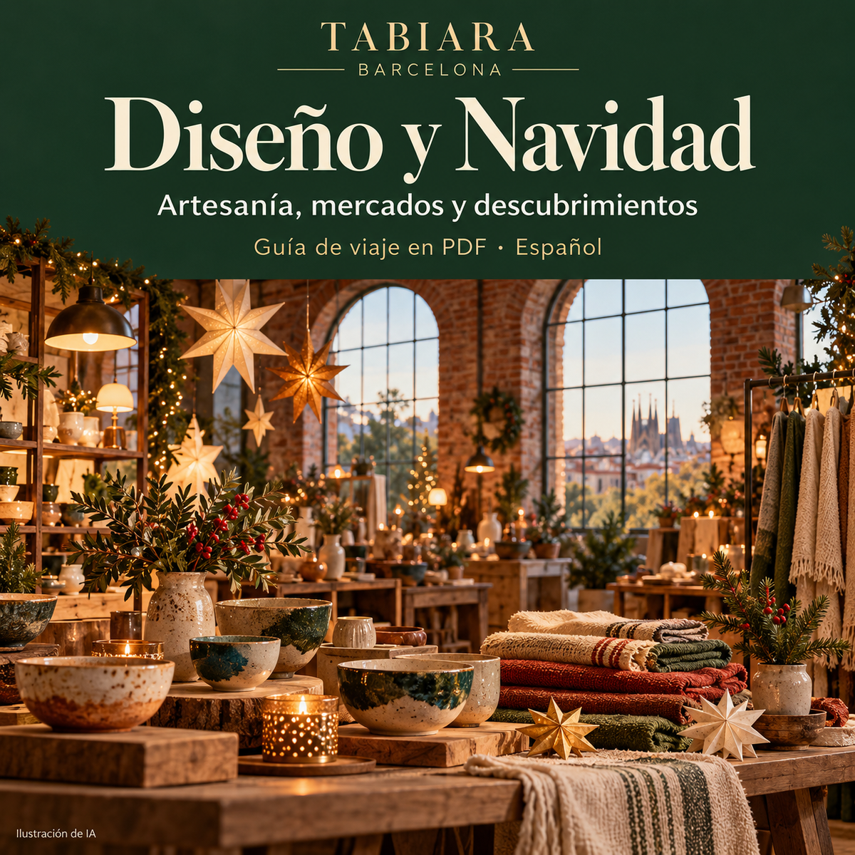 Mesa con piezas de diseño y artesanía, como cerámica y textiles, en una feria navideña de Barcelona (ilustración)