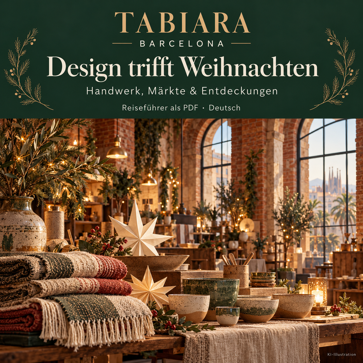 Stand mit Design und Kunsthandwerk auf einem Weihnachtsmarkt in Barcelona, Vorschau auf den Reiseführer (Illustration)