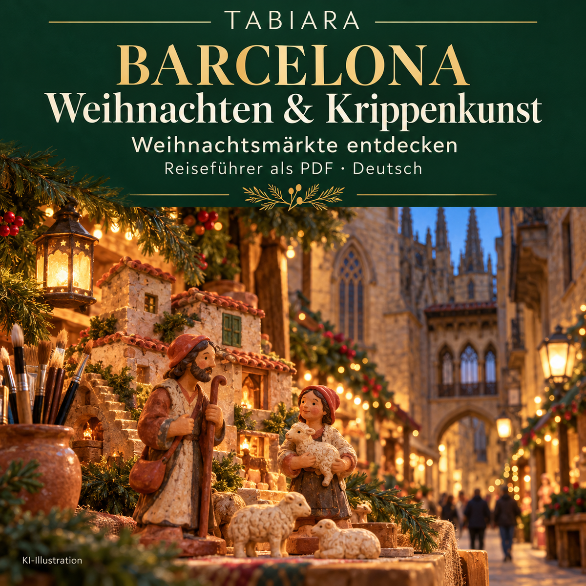 Krippenfiguren und Krippenkunst auf einem Weihnachtsmarkt in Barcelona, Seite zu den Routen im Reiseführer (Illustration)
