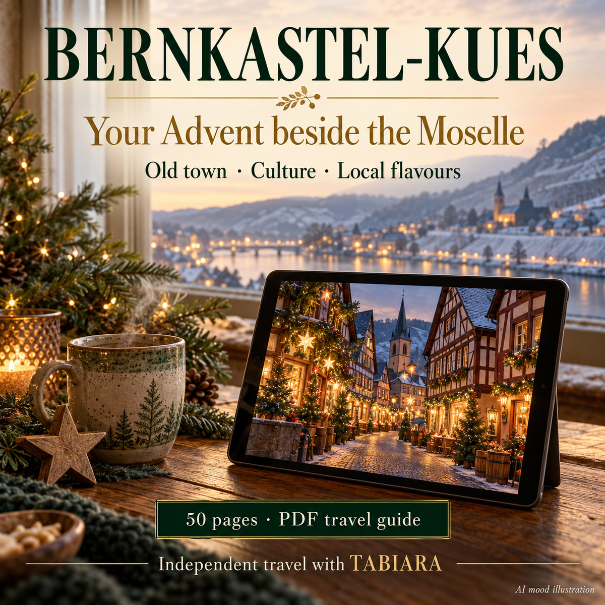 Preview of pages from the Bernkastel-Kues Christmas market travel guide with dates, market hours and planning notes (illustration)