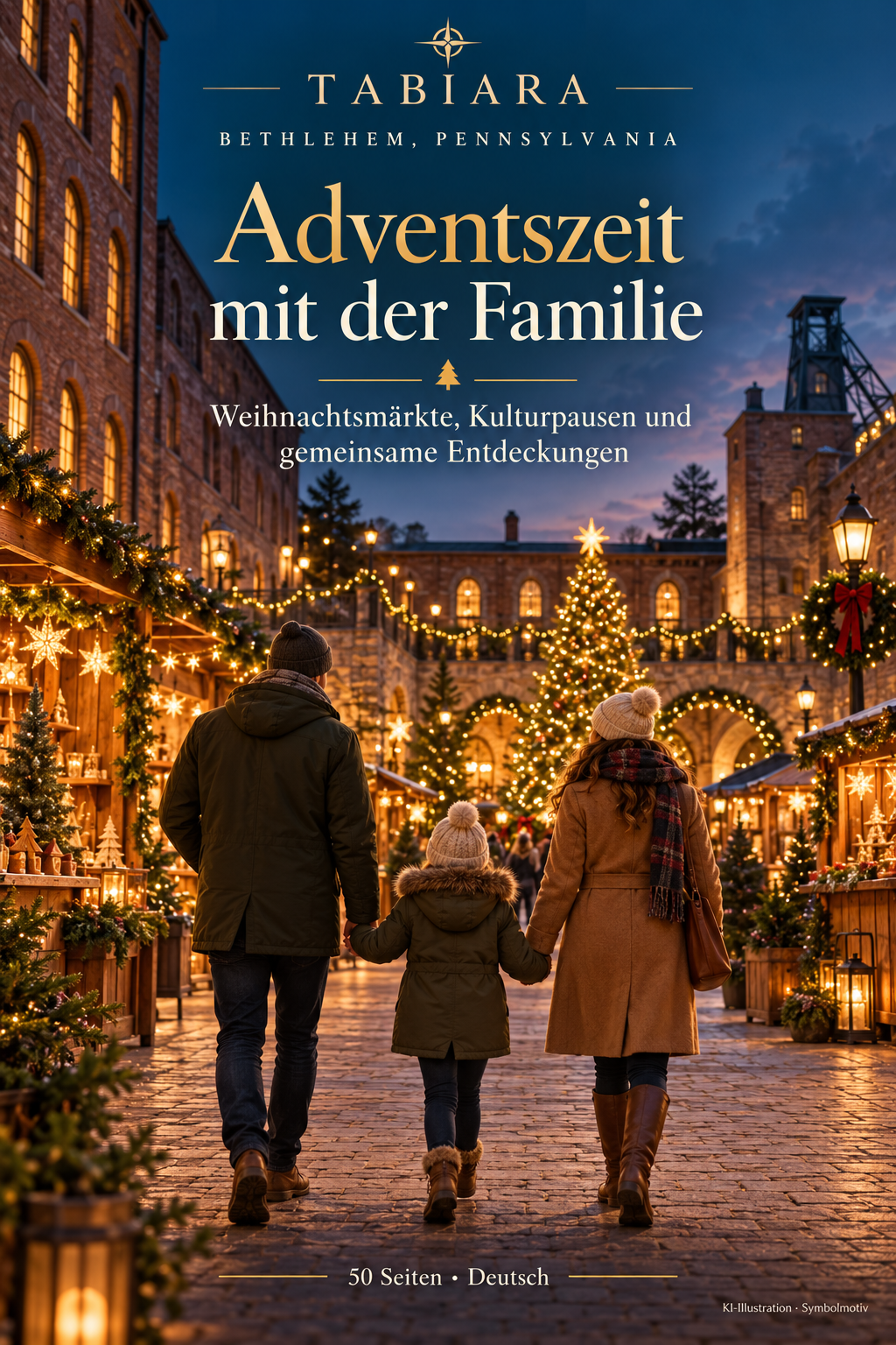 Familie beim gemeinsamen Ausflug über einen Weihnachtsmarkt in Bethlehem, Pennsylvania (Illustration)