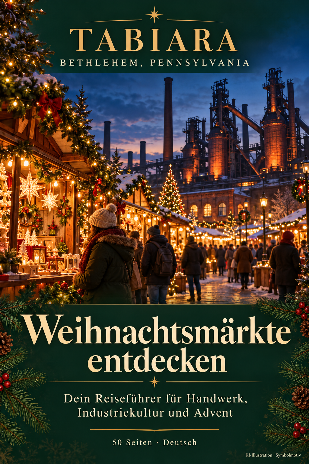 Titelbild des Reiseführers zu den Weihnachtsmärkten in Bethlehem, Pennsylvania, mit winterlicher Marktszene (Illustration)