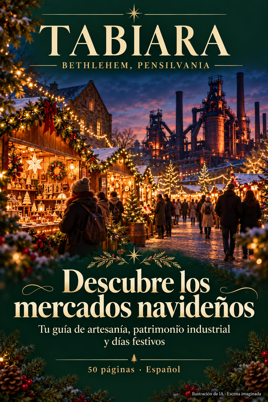 Portada de la guía de viaje de los mercados navideños de Bethlehem (Pensilvania) 2026 con casetas iluminadas en invierno (ilustración)