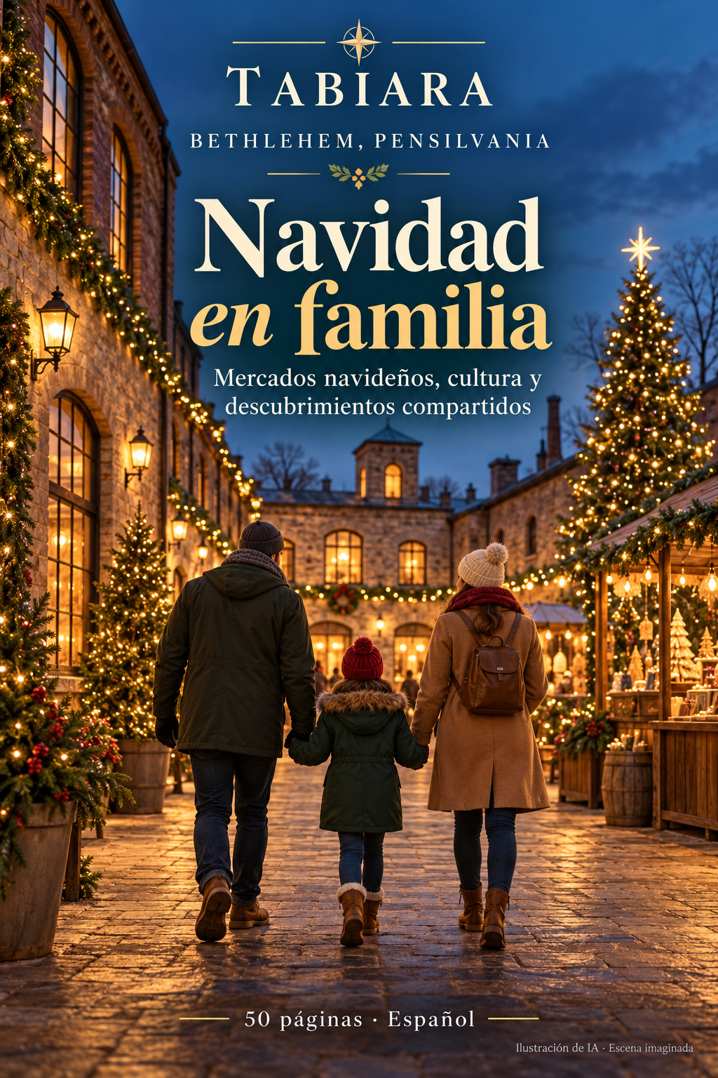 Familia de viaje paseando entre casetas navideñas iluminadas en Bethlehem (Pensilvania) (ilustración)