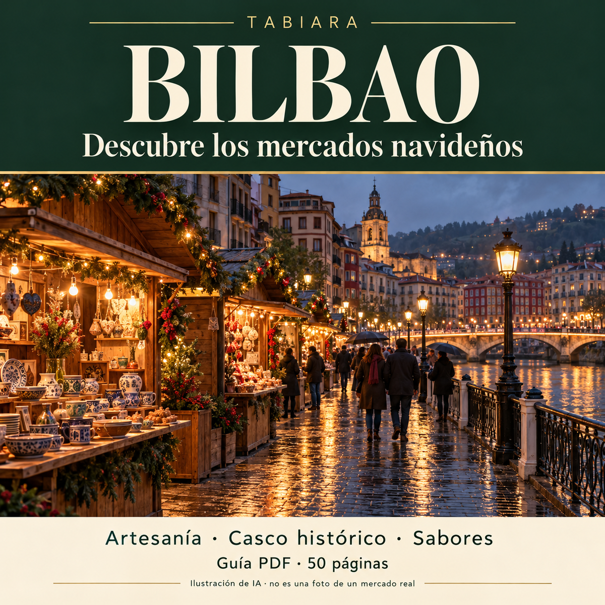 Portada de la guía en PDF de los mercados navideños de Bilbao, con casetas de Navidad junto a la ría (ilustración)