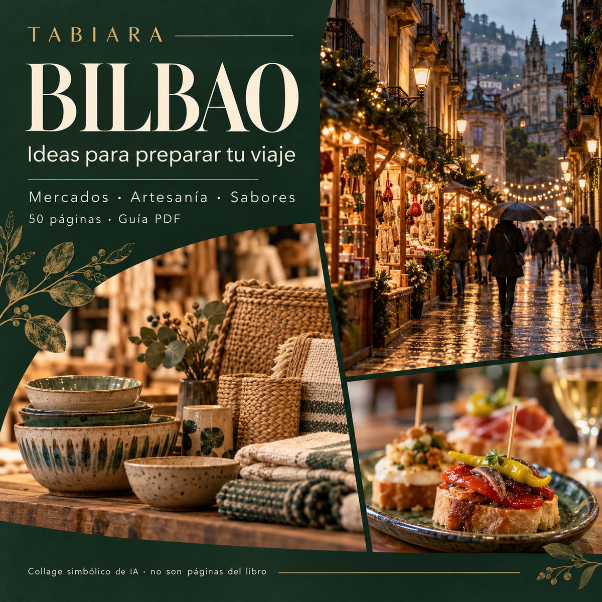 Vista interior de la guía de mercados navideños de Bilbao con páginas de horarios, rutas y consejos (ilustración)