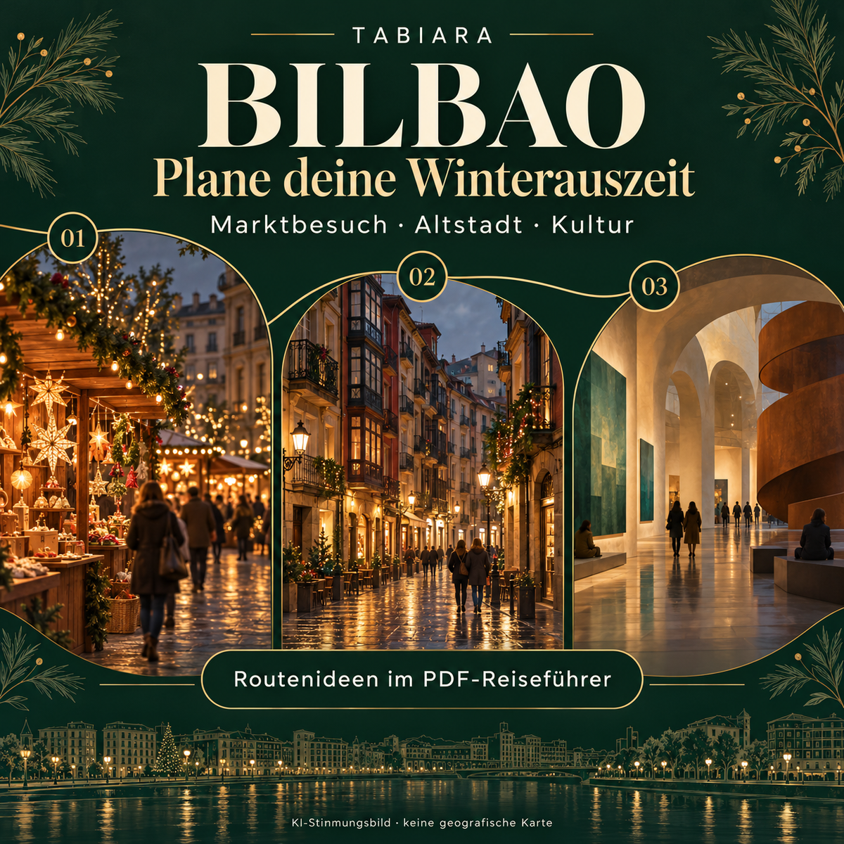 Routen und Reiseplanung für Weihnachtsmarkt-Tage in Bilbao, Doppelseite aus dem Reiseführer (Illustration)