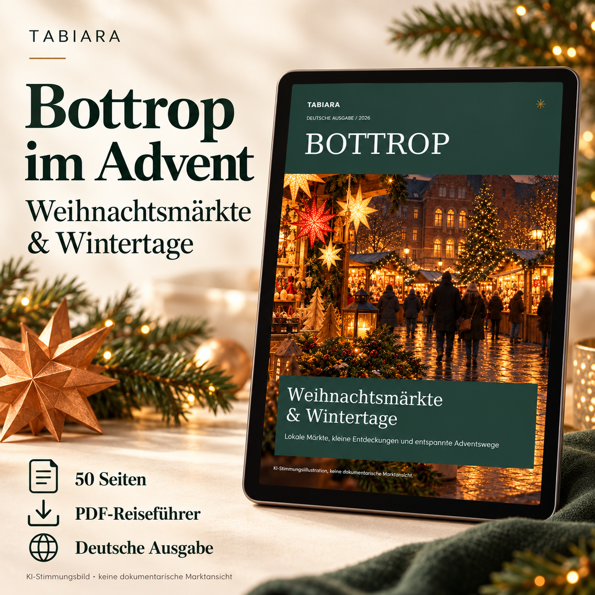 Cover des PDF-Reiseführers Bottrop Weihnachtsmärkte 2026 mit winterlicher Marktszene (Illustration)